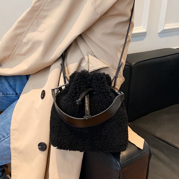 

Fluffy Drawstring Decor Bucket Bag, Black