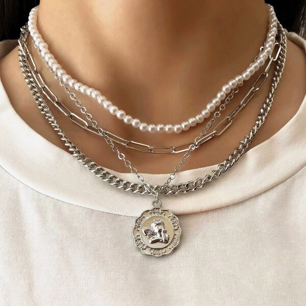 

2pcs Angel Charm Layered Necklace, Silver