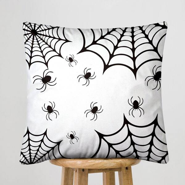 

Halloween Spider Web Print Cushion Cover Without Filler, Black and white