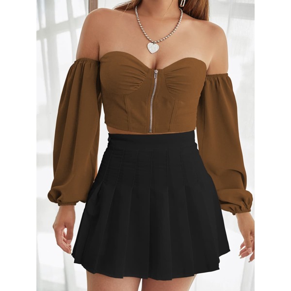 

Off Shoulder Zipper Crop Bustier Top, Coffee brown