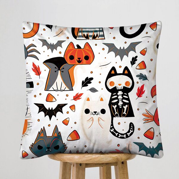 

Halloween Cat & Pumpkin Print Cushion Cover Without Filler, Multicolor
