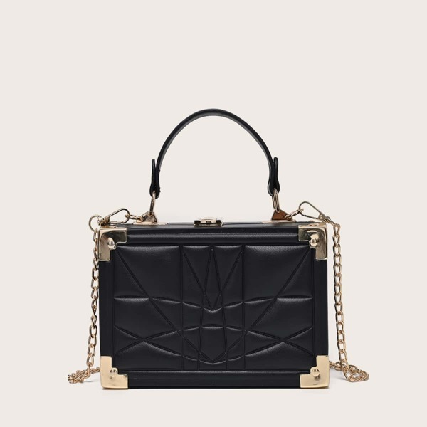 

Geometric Embossed Chain Box Bag, Black