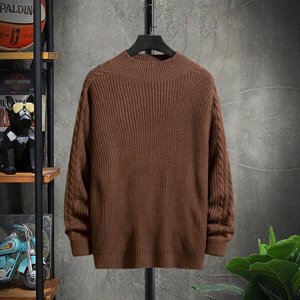 

Men Solid Rib-Knit Raglan Sleeve Sweater, Coffee brown
