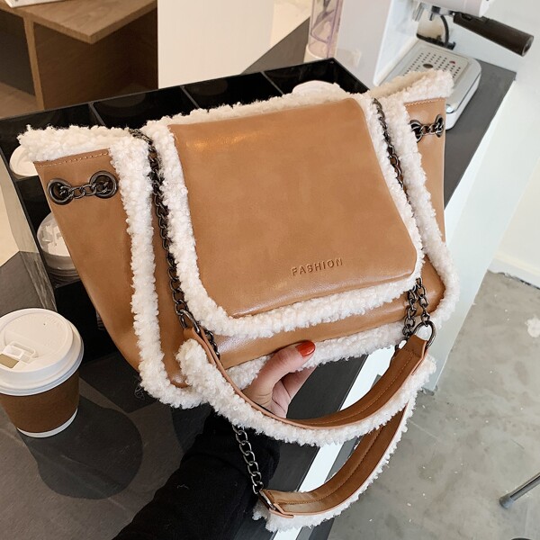 

Faux Fur Trim Chain Shoulder Tote Bag, Brown