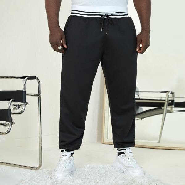 

Men Drawstring Waist Striped Trim Sweatpants, Black