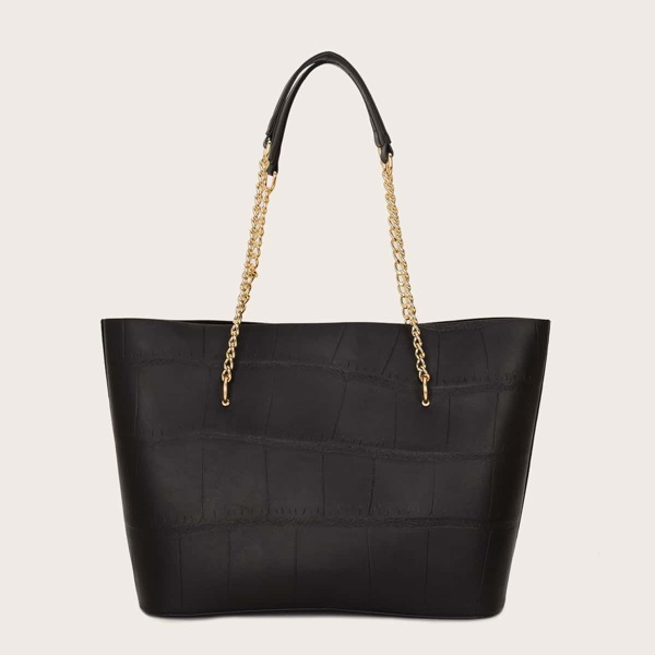 

Stone Graphic Chain Shoulder Tote Bag, Black