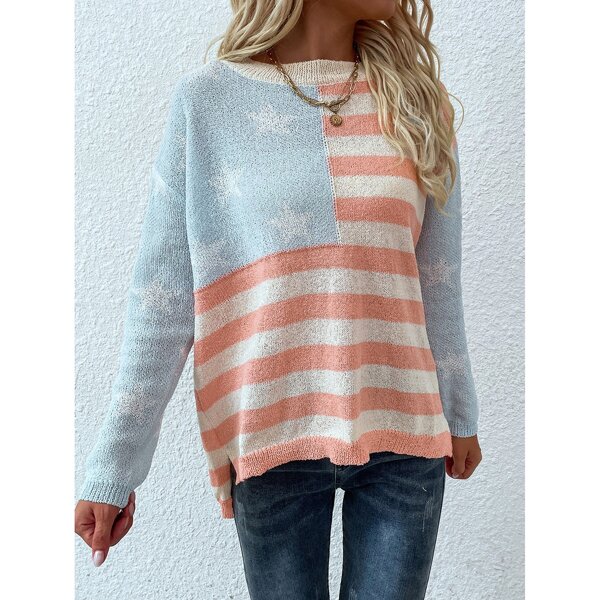 

American Flag Pattern Drop Shoulder Sweater, Multicolor