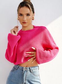 SHEIN Essnce Suéter de punto acanalado con hombros caídos para otoño/invierno - Rosa Fucsia - Ver 1