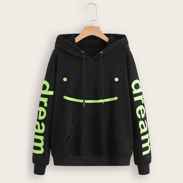 

Letter & Cartoon Graphic Kangaroo Pocket Drawstring Hoodie, Black