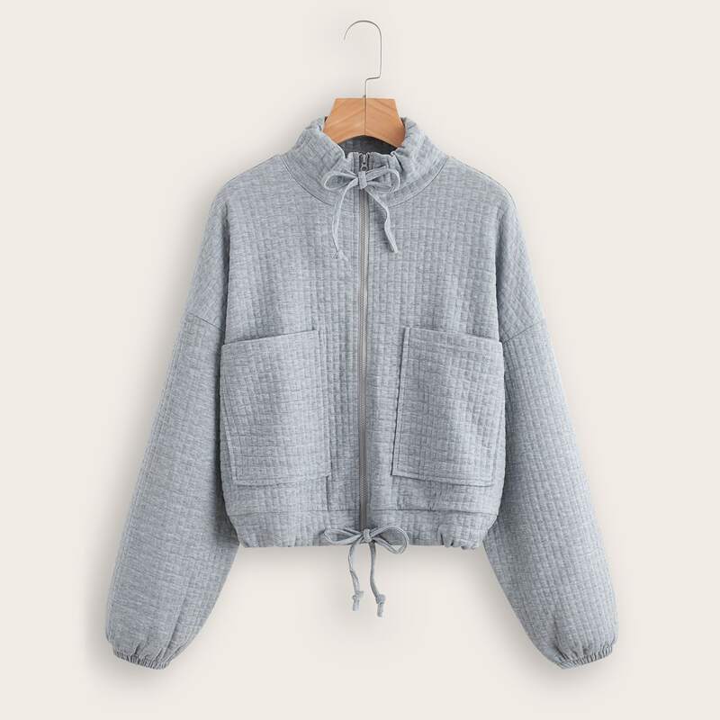 Dual Pocket Drop Shoulder Zip Up Jacket, Grey