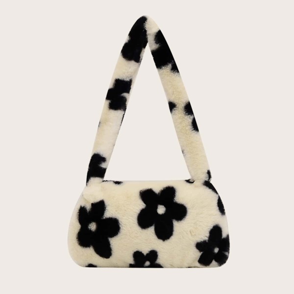 

Fuzzy Floral Pattern Square Bag, Black and white