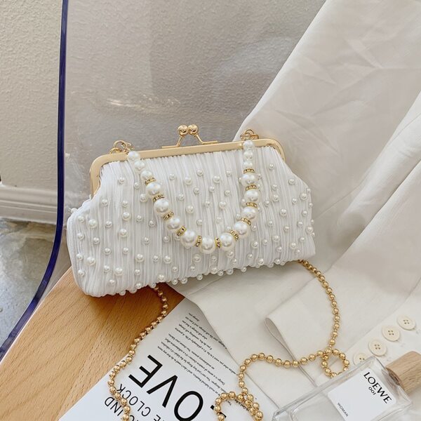 

Allover Faux Pearl Decor Kiss Lock Satchel Bag, White