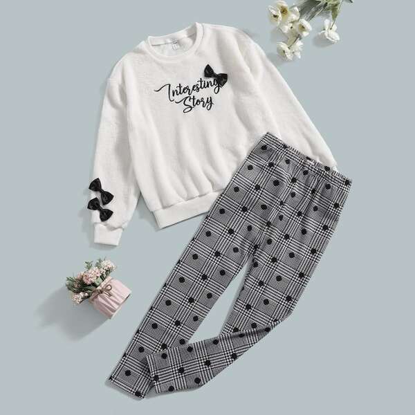 

Girls Letter Embroidery Bow Front Flannel Pullover & Plaid Pants, Black and white