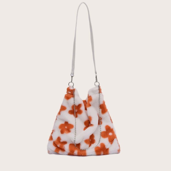

Floral Graphic Fluffy Shoulder Bag, Beige
