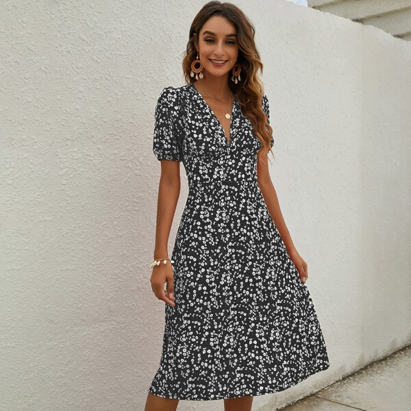 Ditsy Floral A Line Dress, Black