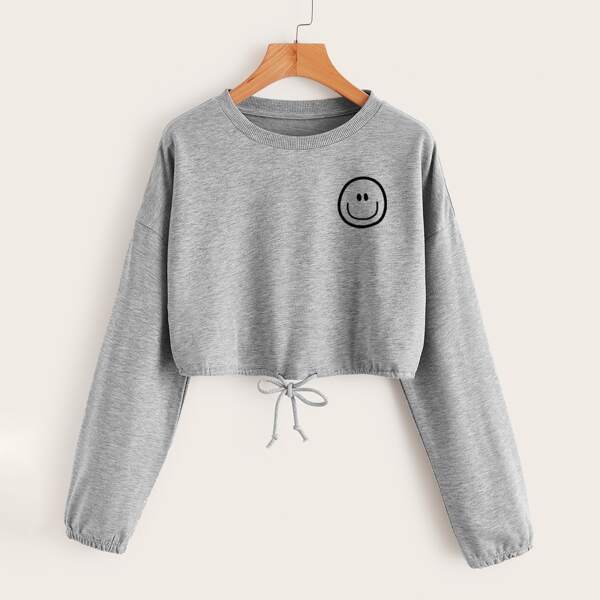 

Drawstring Hem Smile Face Print Crop Sweatshirt, Grey
