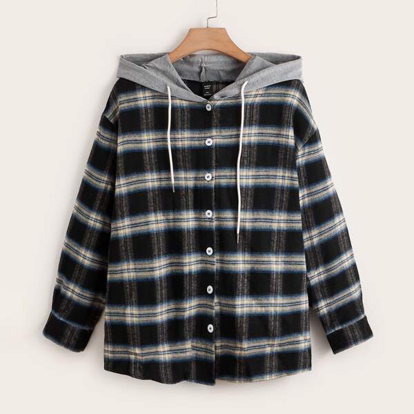 

Plus Tartan Print Drop Shoulder Drawstring Hooded Coat, Black