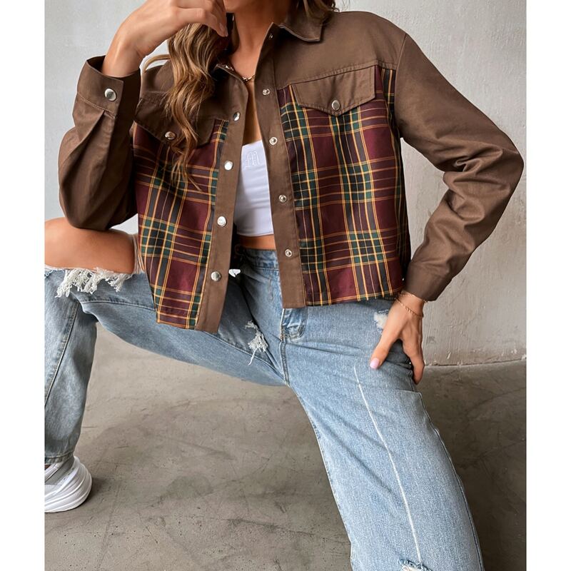 

Contrast Plaid Button Front Jacket, Multicolor