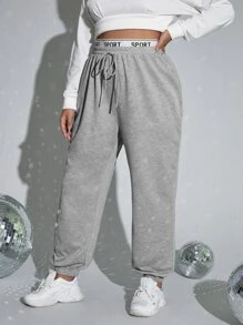 SHEIN EZwear Plus Letter Print Drawstring Waist Sweatpants - Light Grey - View 5
