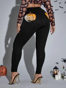 SHEIN 大碼萬聖節骷髏和南瓜圖案緊身打底褲 - 黑色 - 查看 1