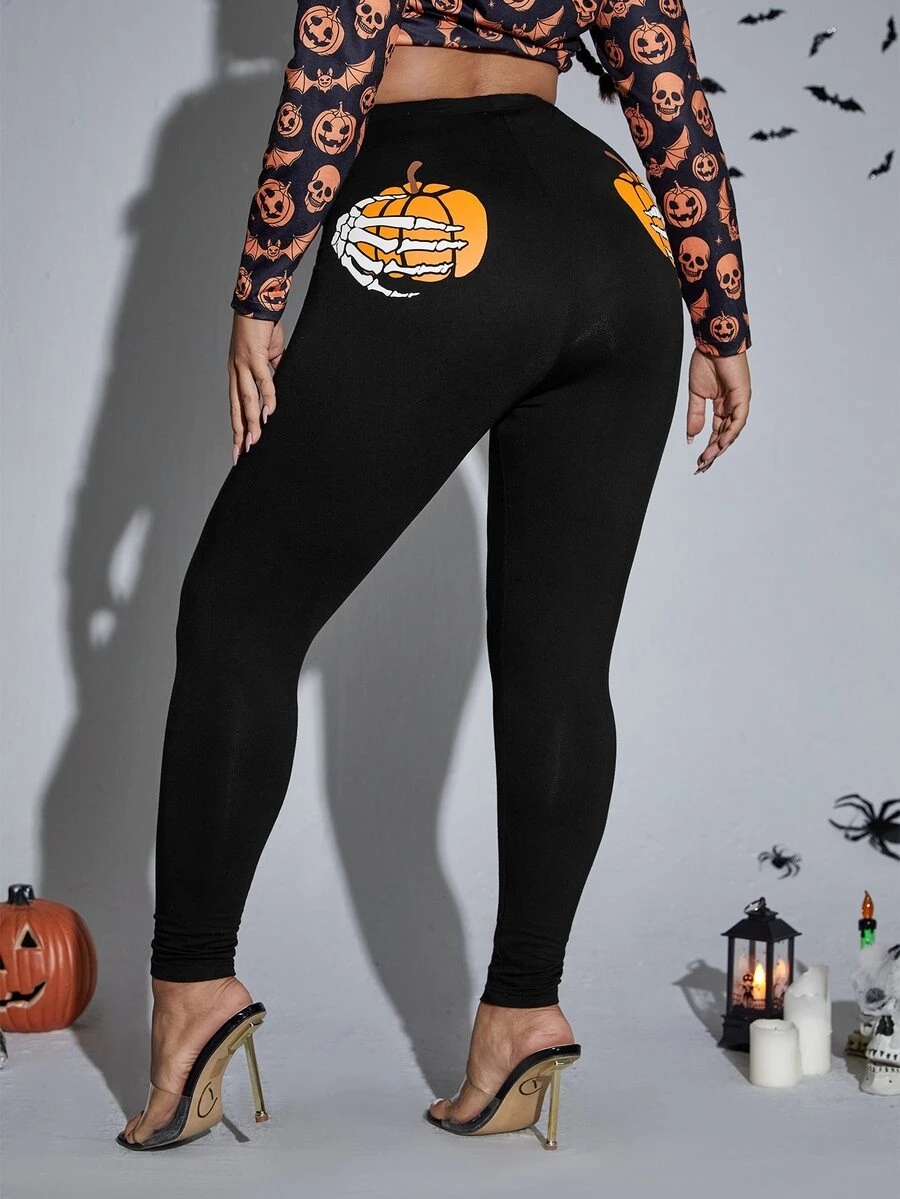 SHEIN 大碼萬聖節骷髏和南瓜圖案緊身打底褲 - 黑色 - 查看 1