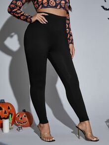 SHEIN 大碼萬聖節骷髏和南瓜圖案緊身打底褲 - 黑色 - 查看 4