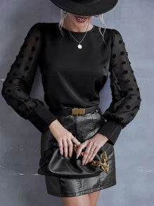 SHEIN LUNE Solid Swiss Dot Bishop Sleeve Blouse - Black - View 1