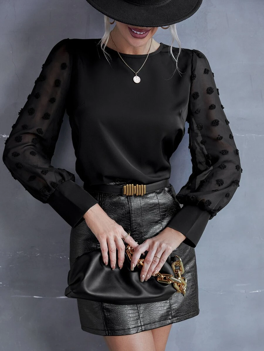 SHEIN LUNE Solid Swiss Dot Bishop Sleeve Blouse - Black - View 1