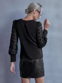 SHEIN LUNE Solid Swiss Dot Bishop Sleeve Blouse - Black - View 2