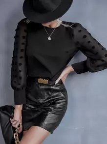 SHEIN LUNE Solid Swiss Dot Bishop Sleeve Blouse - Black - View 4