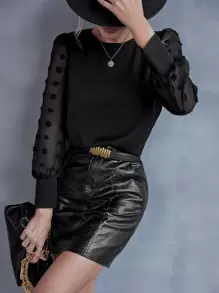 SHEIN LUNE Solid Swiss Dot Bishop Sleeve Blouse - Black - View 5