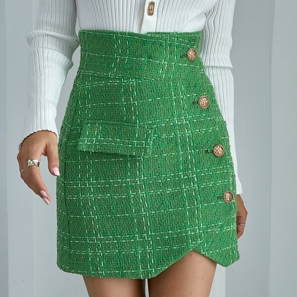 

Tweed High Waisted Button Front Skirt, Green