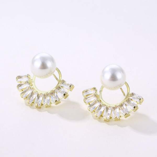 

Faux Pearl & Zircon Decor Stud Earrings, Gold