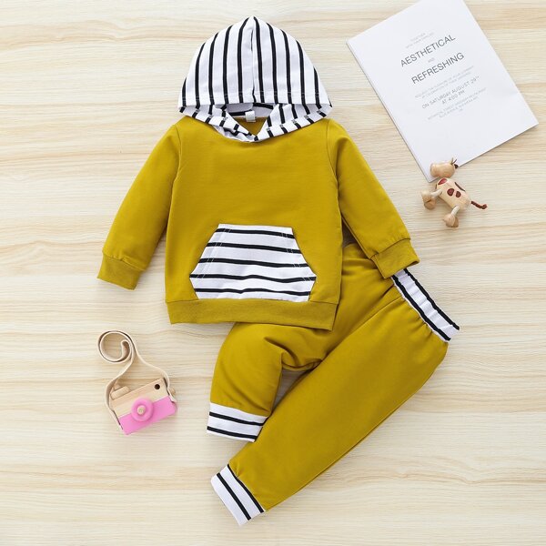 

Baby Striped Kangaroo Pocket Hoodie With Sweatpants, Mustard yellow