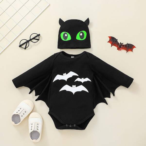 

Baby Halloween Bat Costume Bodysuit With Hat, Black