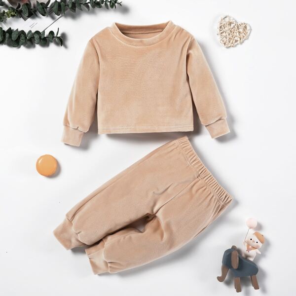 

Baby Unisex Solid Velvet Sweatshirt & Sweatpants, Camel