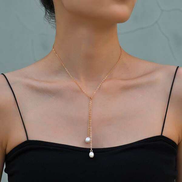 

Faux Pearl Charm Necklace, Gold