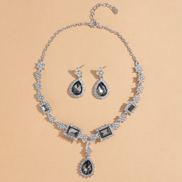 

3pcs Rhinestone Decor Jewelry Set, Grey