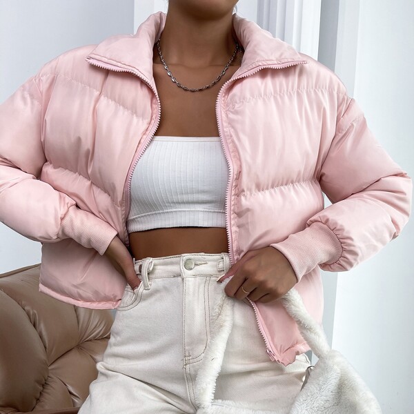 

Drop Shoulder Zipper Down Coat, Baby pink