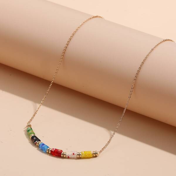 

Flower Print Bead Decor Necklace, Multicolor