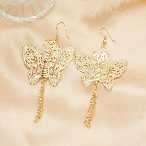 

Butterfly & Flower Decor Drop Earrings, Gold