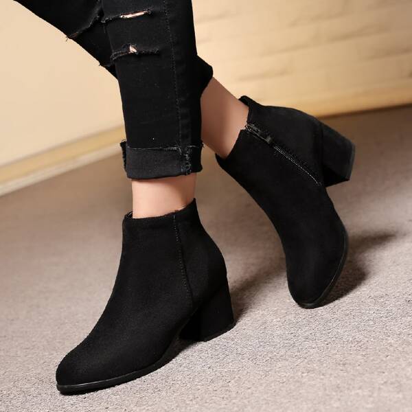 

Suede Side Zipper Chunky Boots, Black