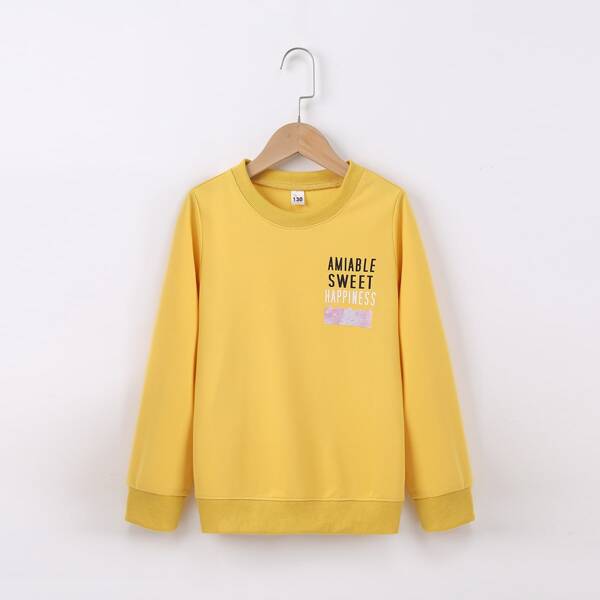 Girls Letter Print Round Neck Sweatshirt, Yellow