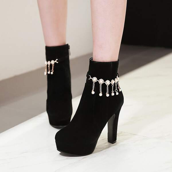 

Faux Pearl Decor Side Zipper Flatform Sandals, Black