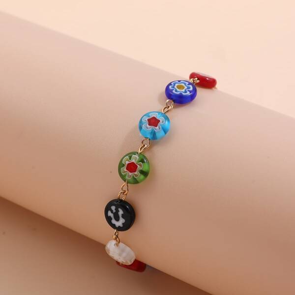 

Flower Print Bead Decor Bracelet, Multicolor