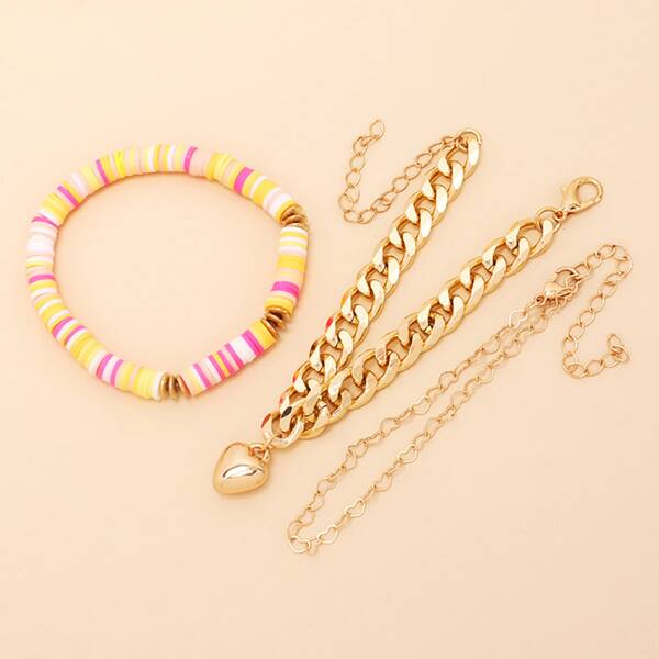 

3pcs Heart Charm Bracelet, Multicolor