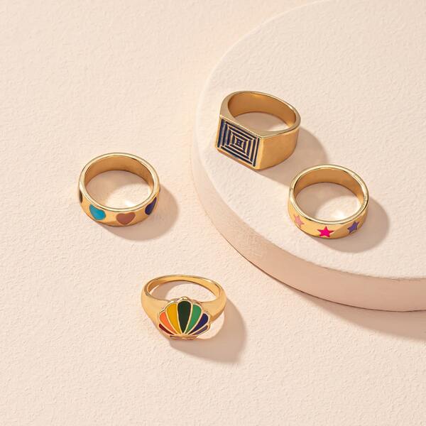 

4pcs Heart Decor Ring, Gold