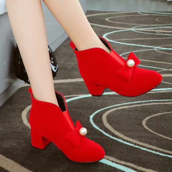 

Bow Decor Cut Out Design Chunky Heeled Boots, Red
