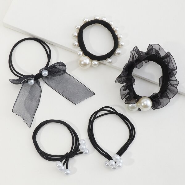

5pcs Toddler Girls Faux Pearl Decor Hair Tie, Black
