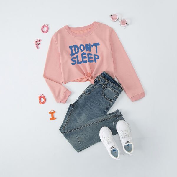 Girls Letter Graphic Tie Hem Pullover, Pink